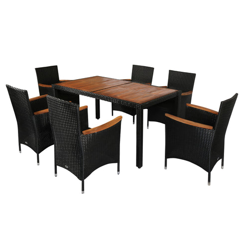 7 Piece Patio Dining Set Rattan Wicker Furniture Set with Acacia Wood Table Top, Armrest Chairs with Water-Proof Cushion, Cream Whit