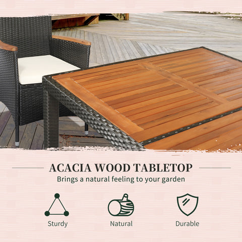 7 Piece Patio Dining Set Rattan Wicker Furniture Set with Acacia Wood Table Top, Armrest Chairs with Water-Proof Cushion, Cream Whit