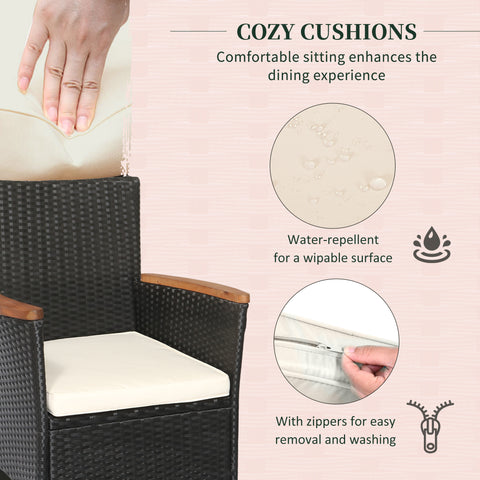 7 Piece Patio Dining Set Rattan Wicker Furniture Set with Acacia Wood Table Top, Armrest Chairs with Water-Proof Cushion, Cream Whit