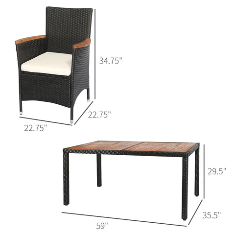 7 Piece Patio Dining Set Rattan Wicker Furniture Set with Acacia Wood Table Top, Armrest Chairs with Water-Proof Cushion, Cream Whit
