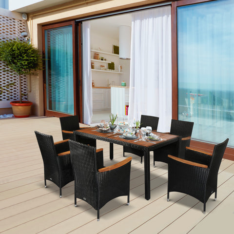 7 Piece Patio Dining Set Rattan Wicker Furniture Set with Acacia Wood Table Top, Armrest Chairs with Water-Proof Cushion, Cream Whit